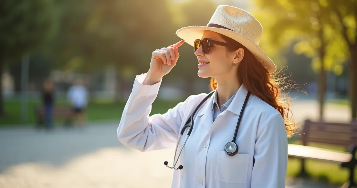Médica demonstrando uso de roupas, chapéu de aba larga e óculos escuros como barreiras físicas contra o sol