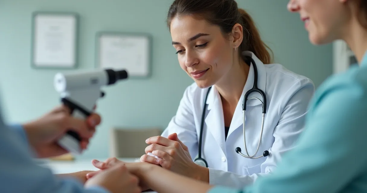 Dermatologista examinando a pele de uma paciente, observando uma pinta no braço