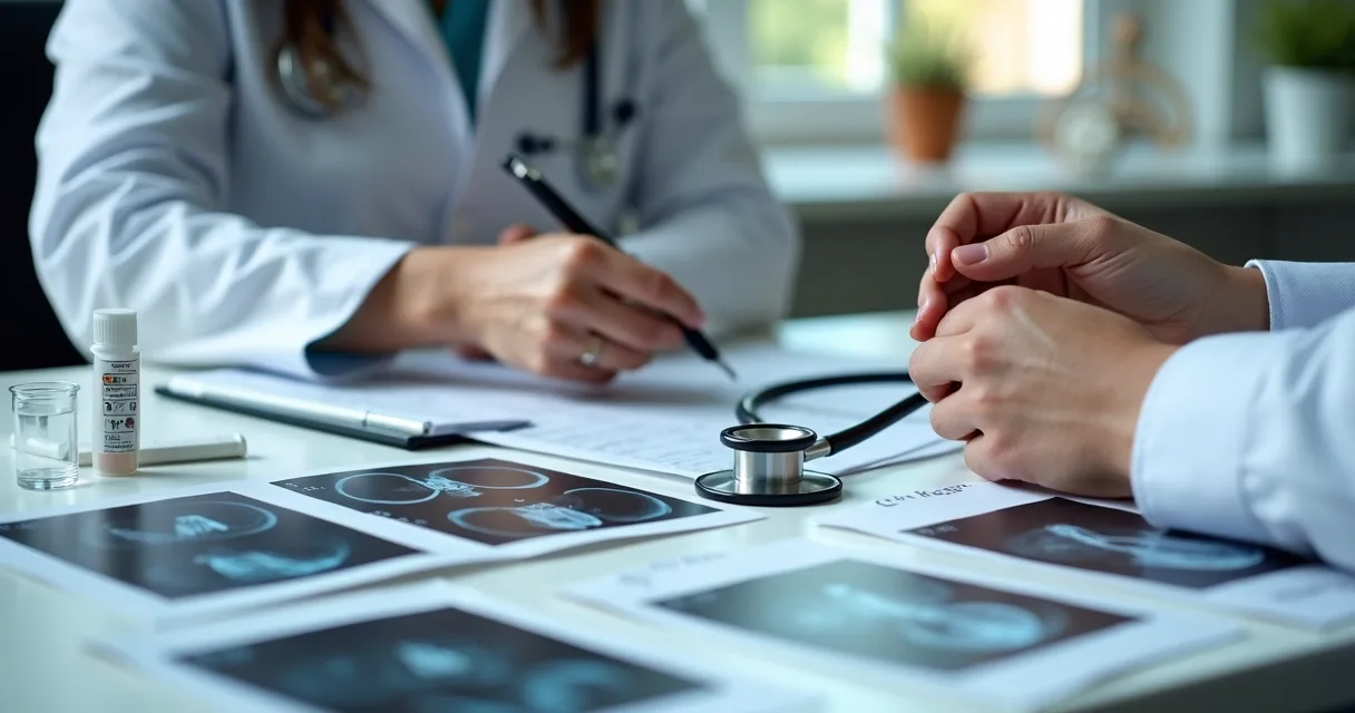 Mesa com exames de imagem como radiografia, tomografia, ressonância e sangue