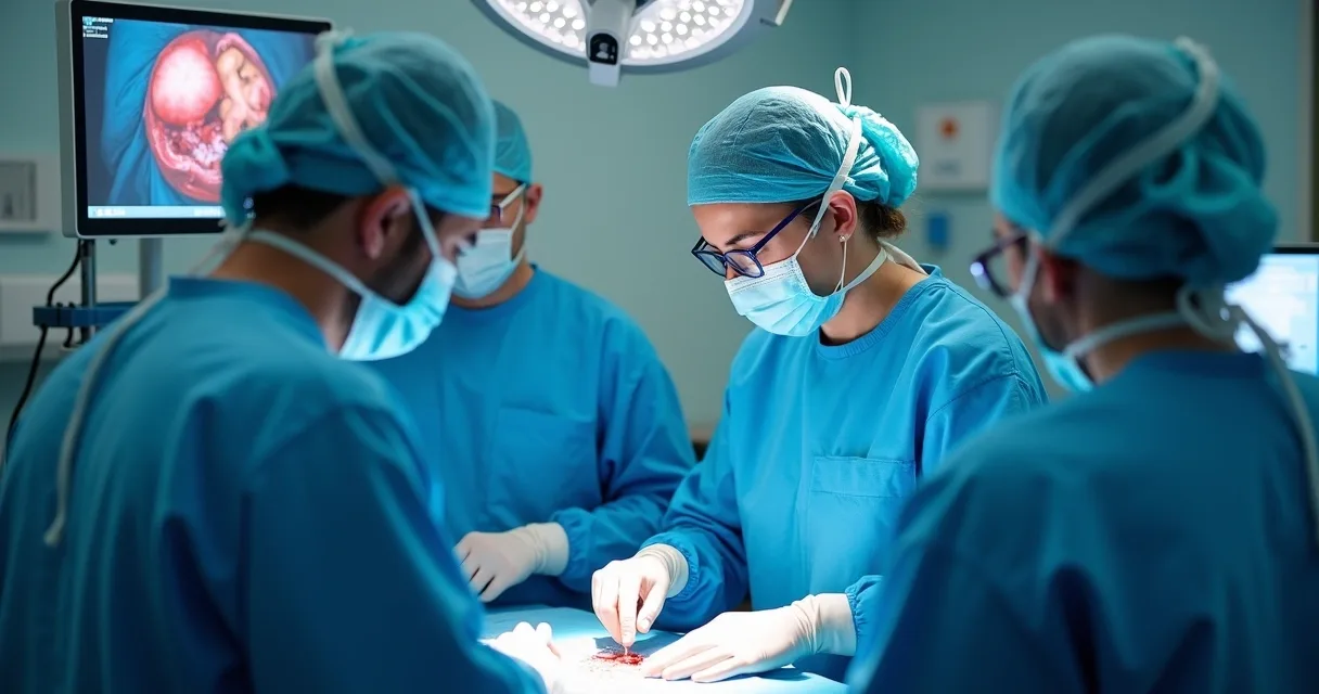Equipe médica feminina em cirurgia oncológica com monitor laparoscópico ao fundo