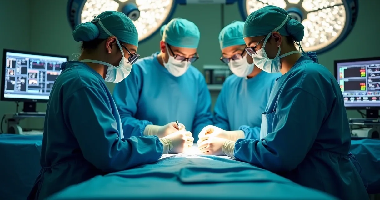 Equipe médica realizando procedimento cirúrgico em sala de operação
