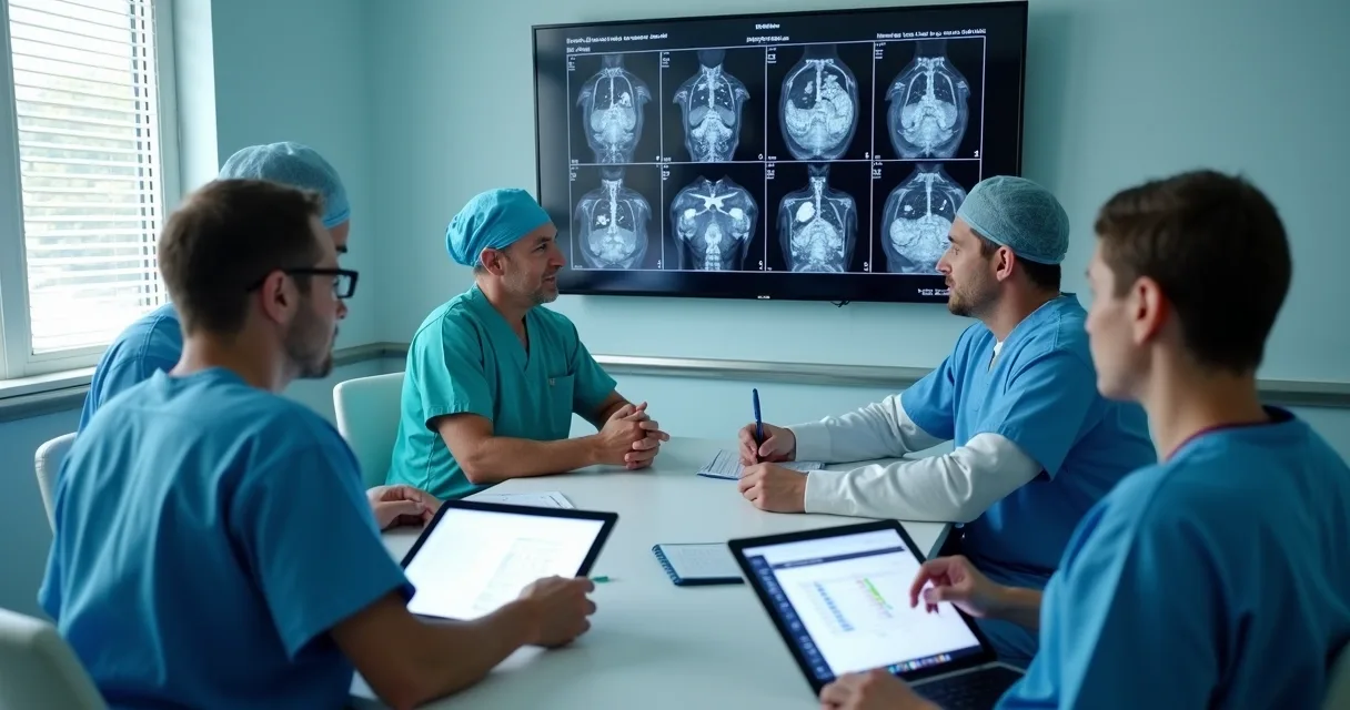 Equipe médica discutindo resultados de imagem em cirurgia oncológica