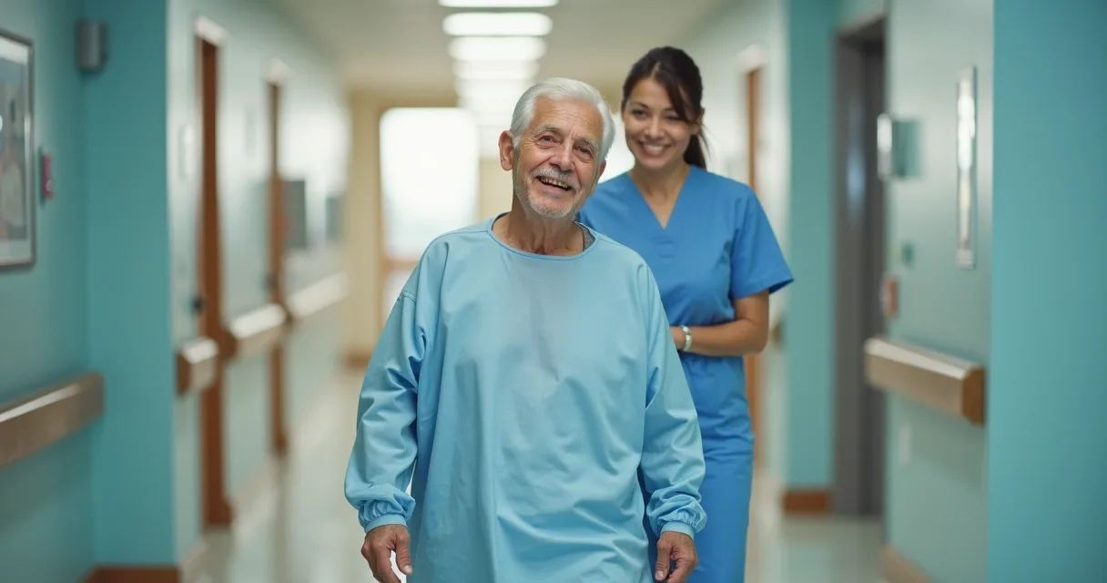 Paciente sorridente caminhando cautelosamente em corredor hospitalar.