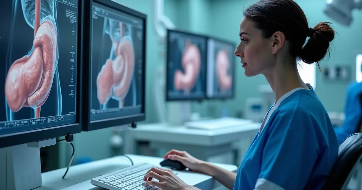 Cirurgiã oncológica operando console de cirurgia robótica
