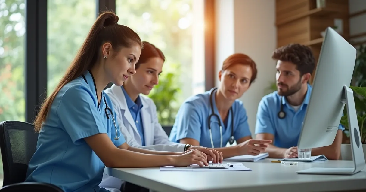 Equipe multidisciplinar em reunião discutindo caso de câncer de mama