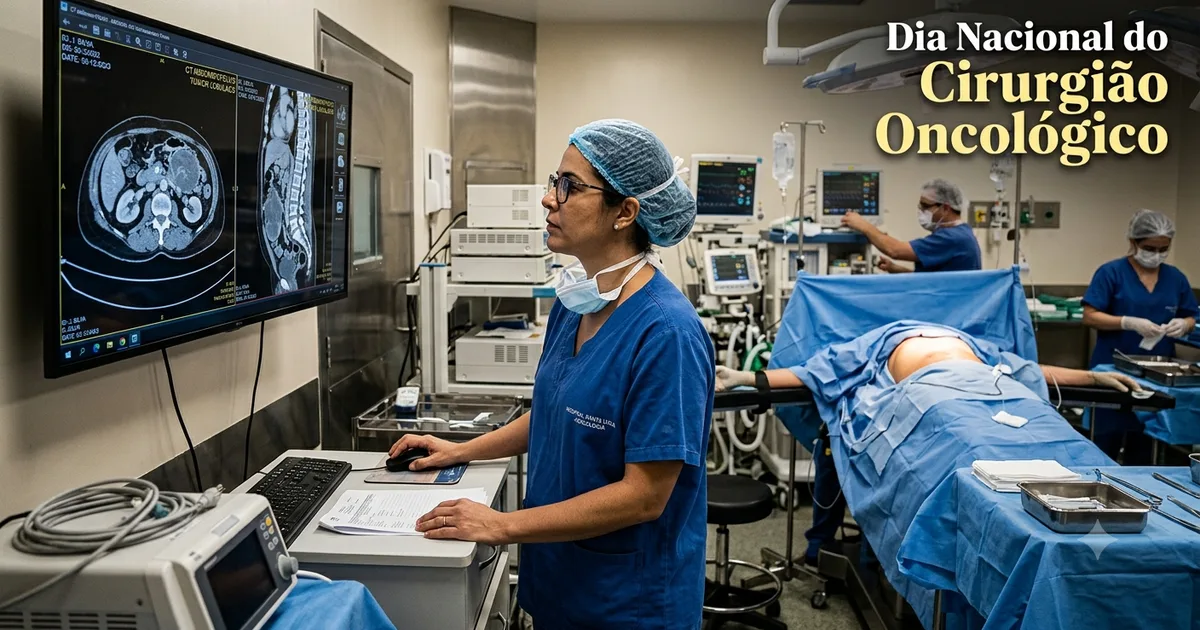 Dra. Dayara Sales em sala de cirurgia, revisando imagens de tomografia antes de iniciar a remoção de tumor