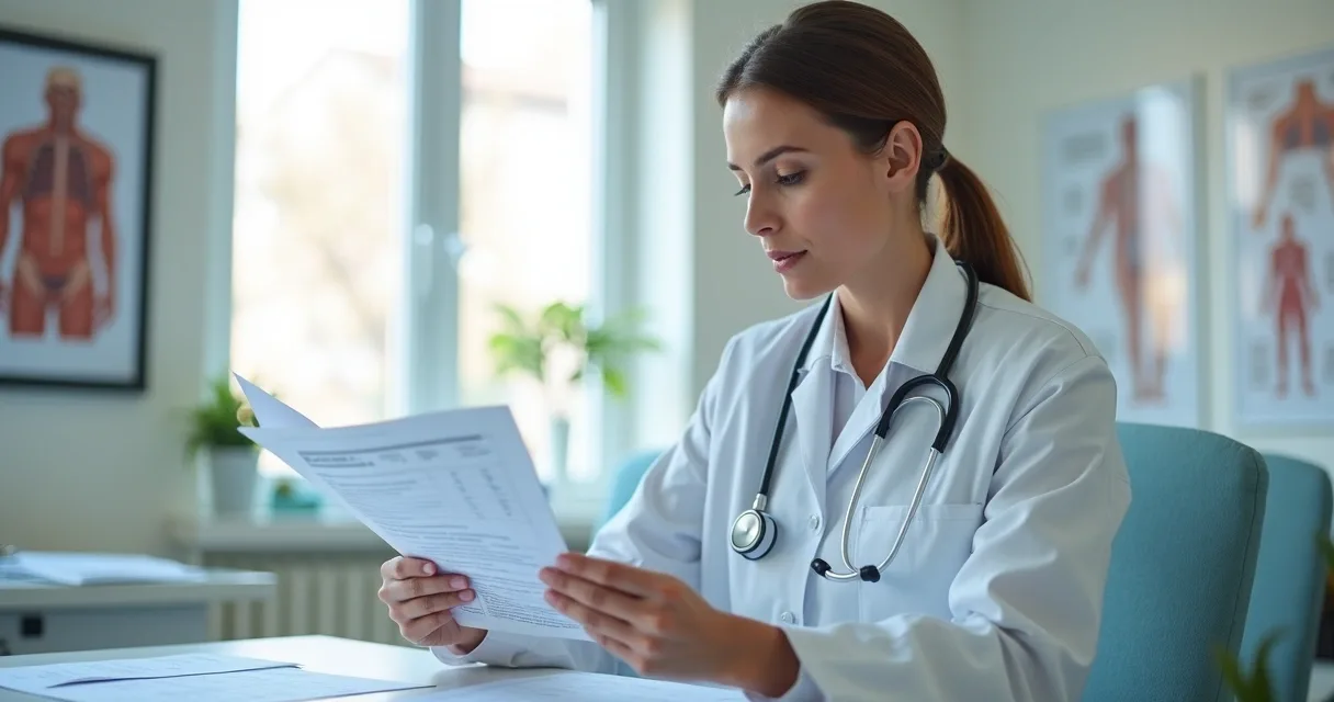 Médica mulher analisando exames laboratoriais em consultório