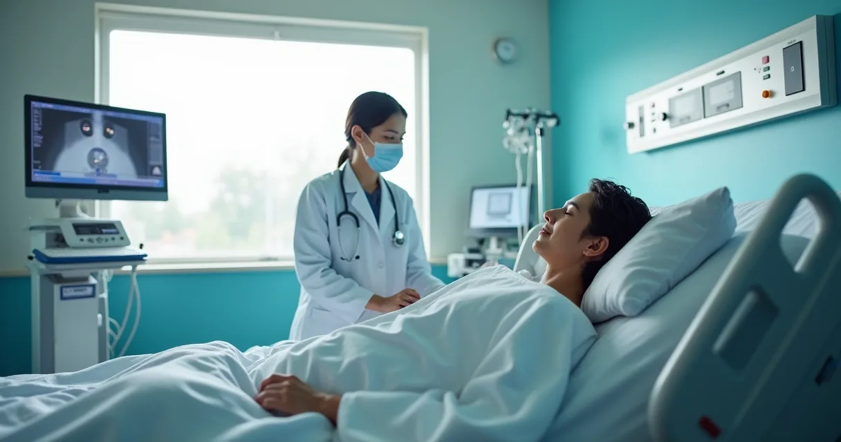 Paciente se recuperando em leito hospitalar após cirurgia oncológica