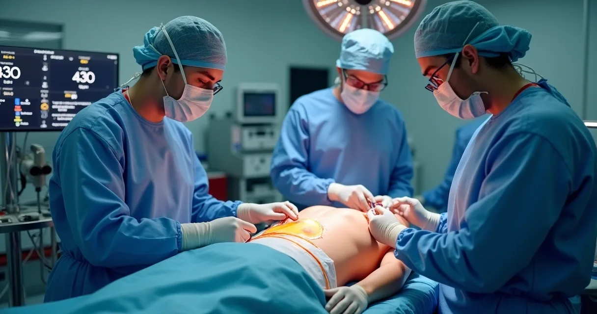 Cirurgião executando HIPEC intraoperatório, monitorando temperatura e circulação do quimioterápico em ambiente hospitalar