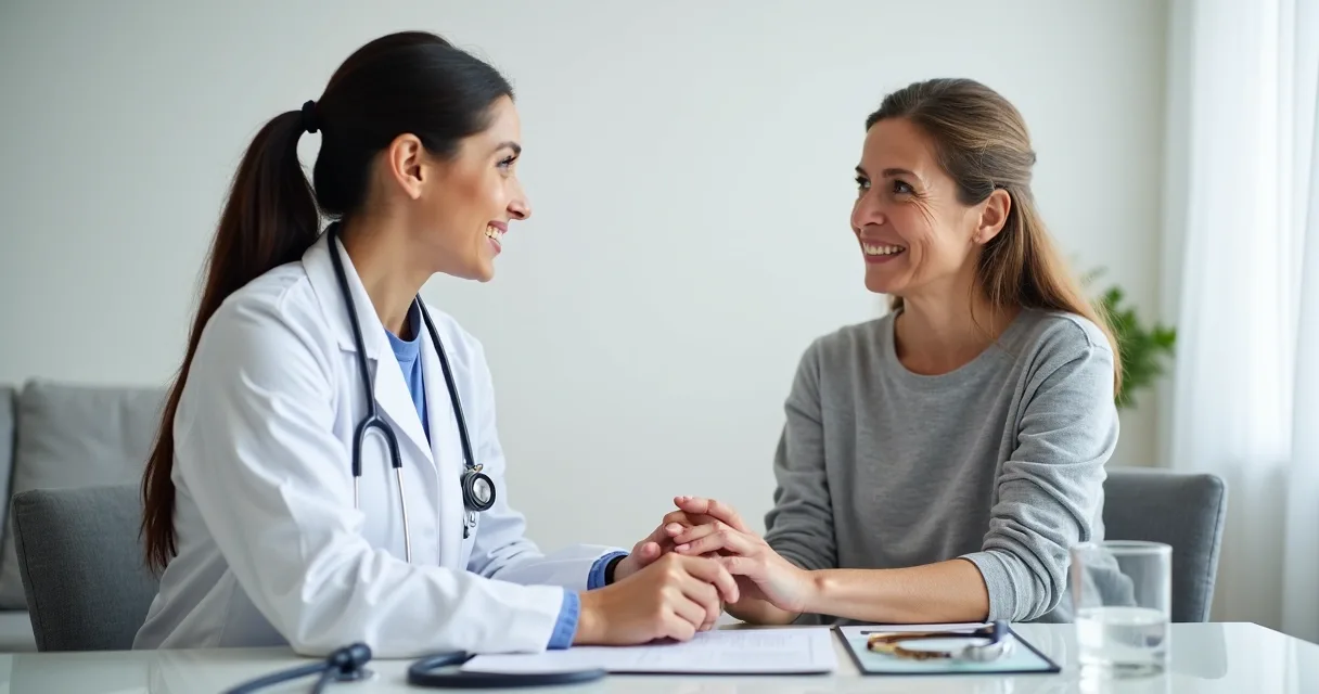 Médica mulher conversando com paciente de câncer em consultório