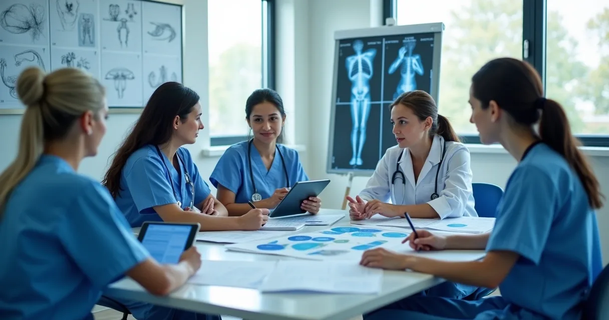 Equipe multidisciplinar médica reunida discutindo caso de câncer