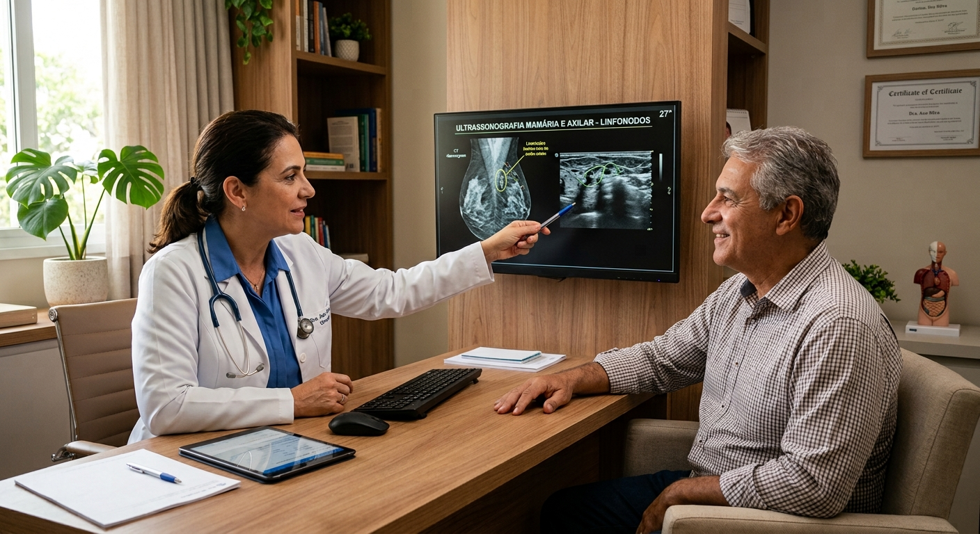 Médica cirurgiã explicando um exame de imagem de linfonodos para um paciente em consultório acolhedor.