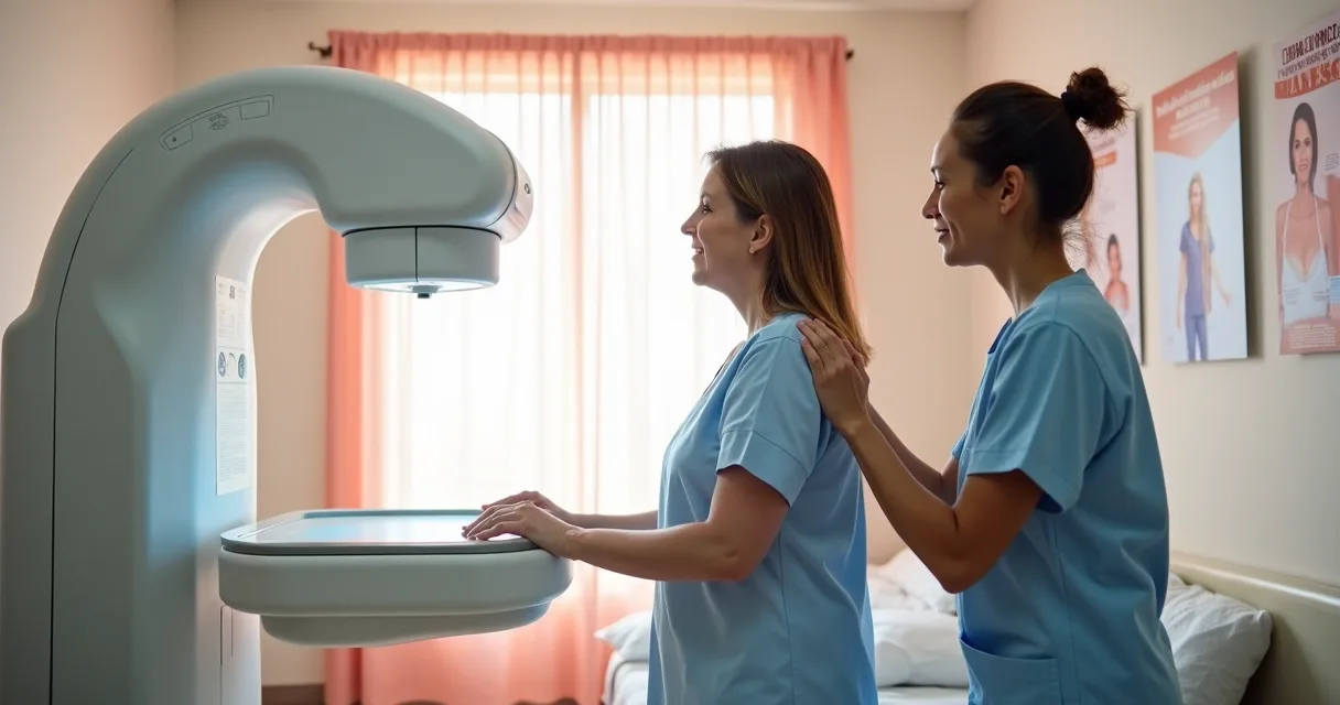 Mulher realizando mamografia, sorrindo, acompanhada por profissional de saúde