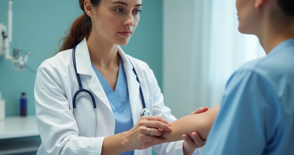 Médica examinando lesão de pele com dermatoscópio