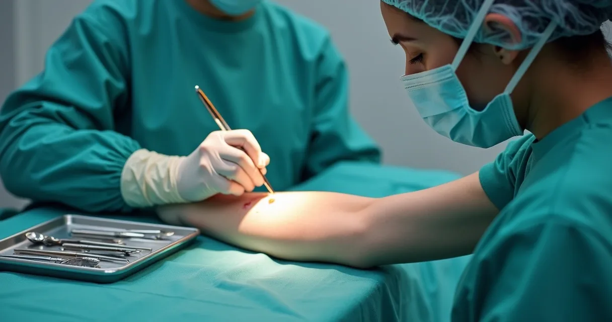 Cirurgiã oncologista em sala de cirurgia realizando excisão de lesão de pele