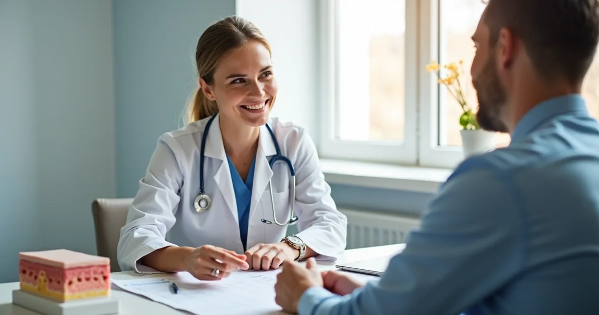 Médica avaliando paciente em consulta de acompanhamento oncológico