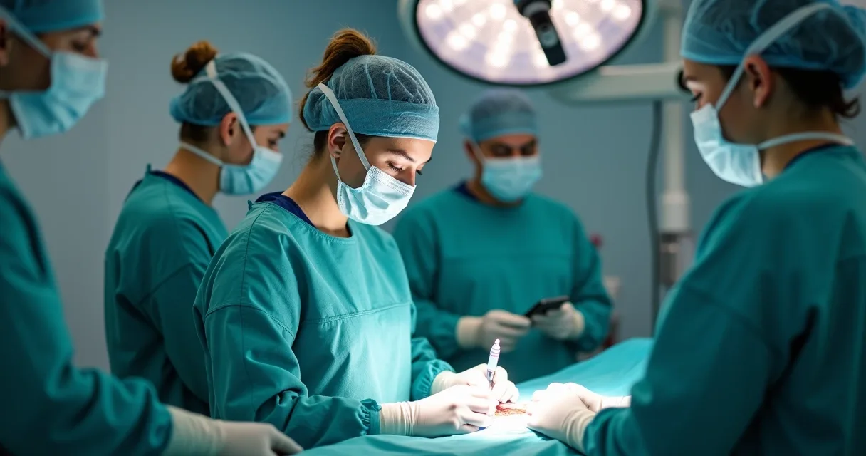 Cirurgiã oncológica mulher realizando procedimento cirúrgico com equipe em centro cirúrgico, foco em técnica e precisão.