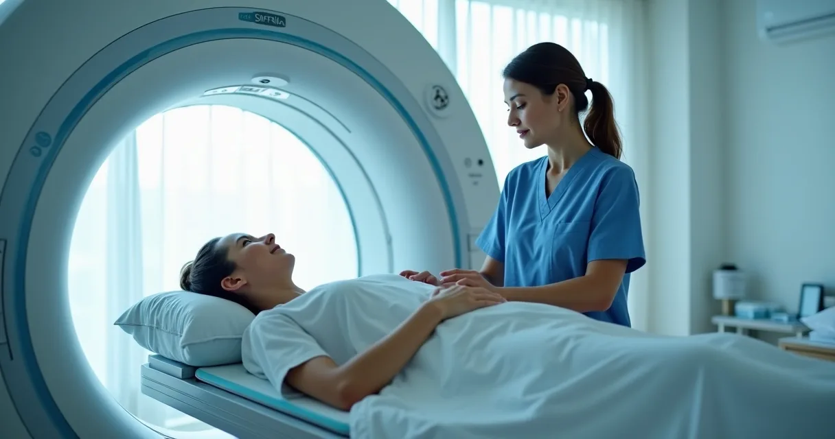 Paciente recebendo radioterapia em centro oncológico com profissional mulher ajustando equipamentos.