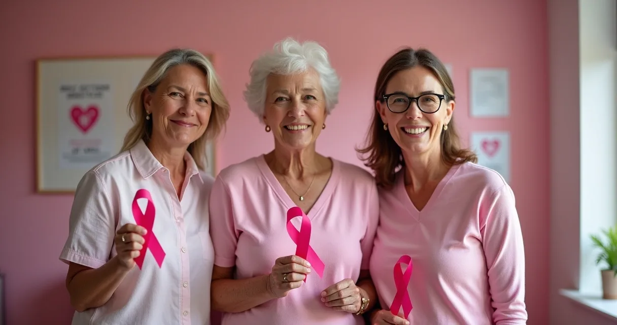 Três mulheres segurando fitas rosas em local iluminado