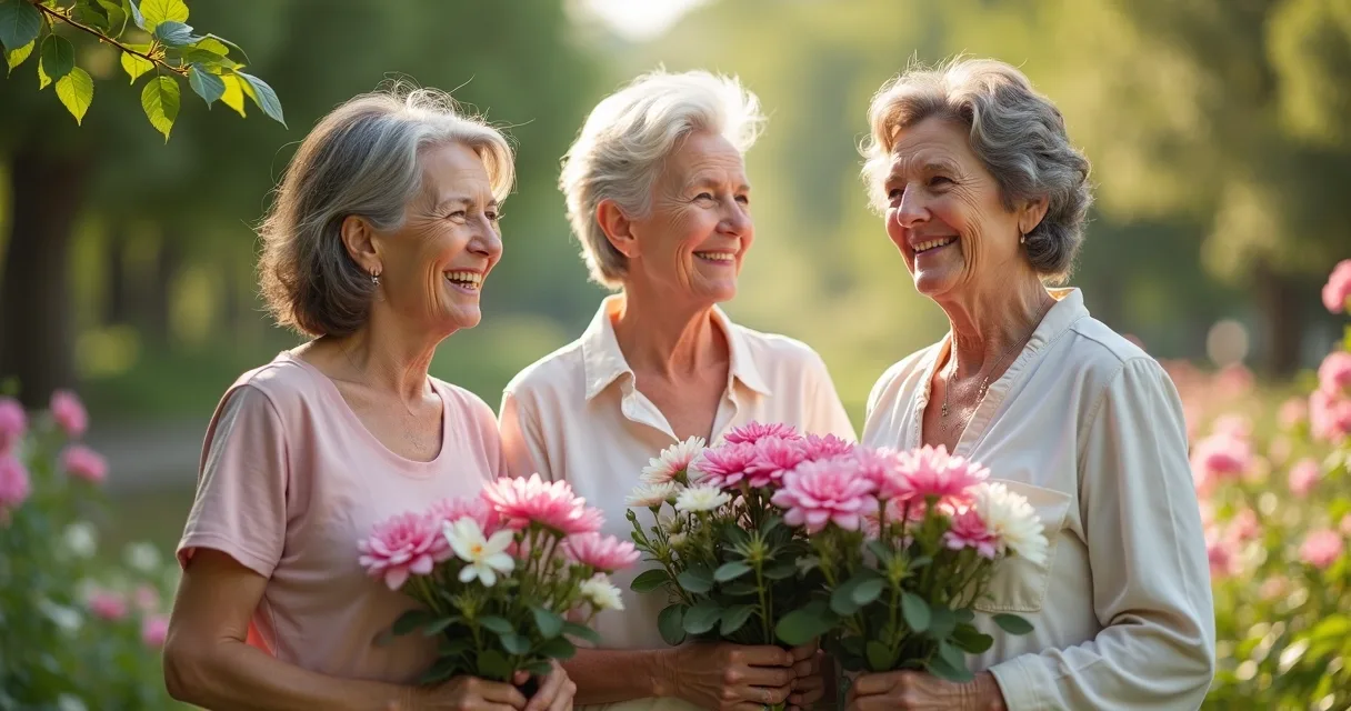 Três mulheres de diferentes idades segurando flores e conversando em um jardim