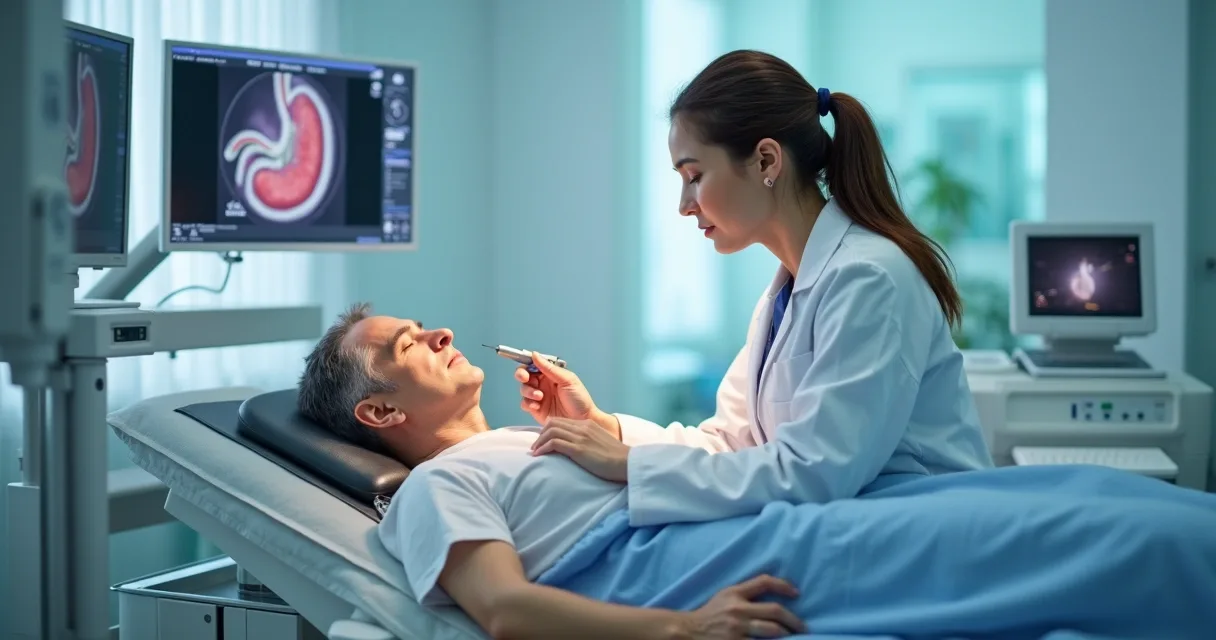 Médica realizando endoscopia em paciente com suspeita de câncer no estômago