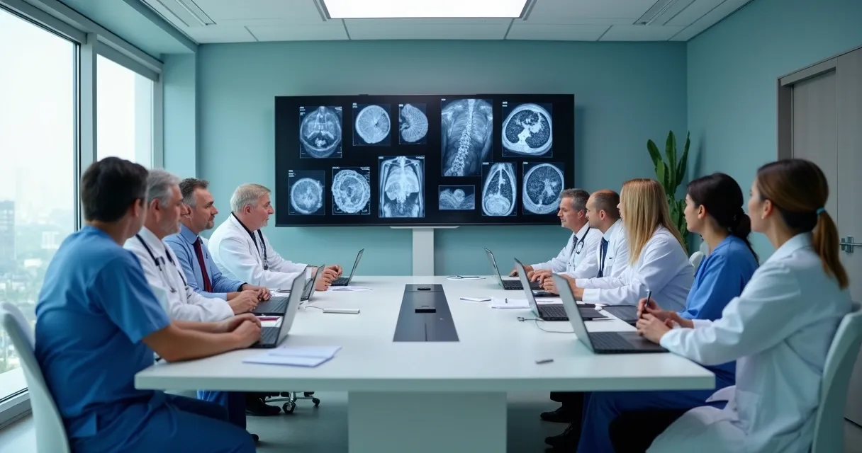 Equipe médica multidisciplinar reunida em sala de reuniões, analisando exames de imagem exibidos em um telão