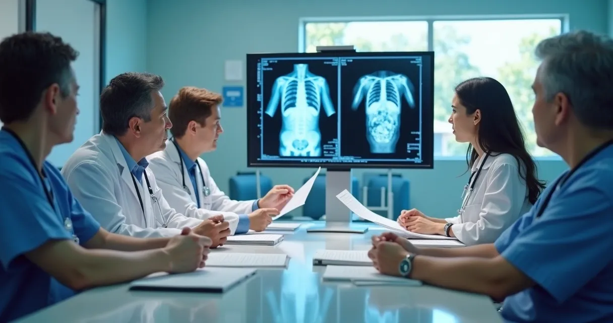 Médicos discutindo exames radiológicos exibidos em monitor durante reunião clínica