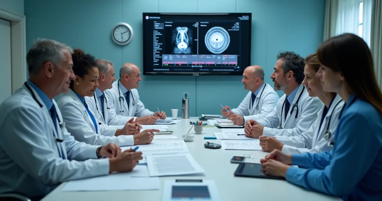 Equipe médica em reunião analisando exames de imagem e discutindo casos clínicos